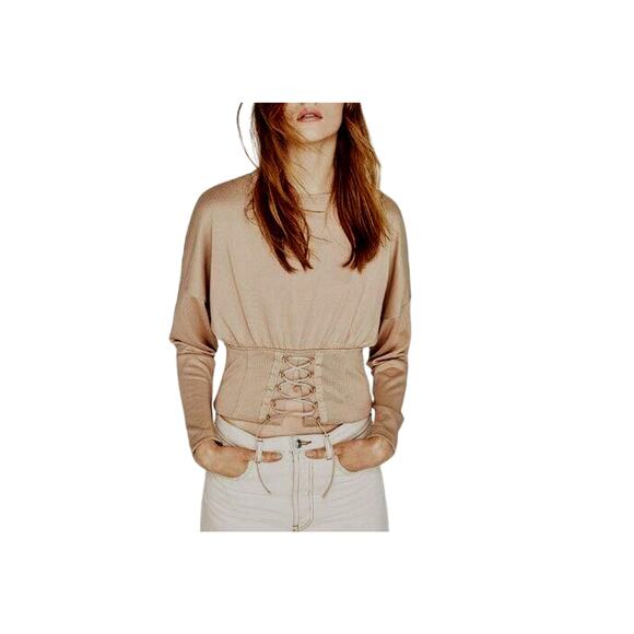 NWT Zara W & B Collection Tan Long Drop Sleeve Front Corset Lace Up Waist Top M - Picture 1 of 12